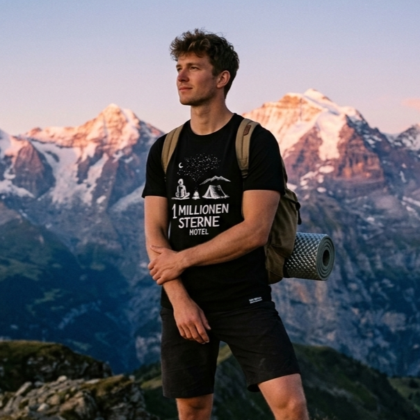 Wanderer im schwarzen Shirt 1 Millionen Sterne Hotel mit Rucksack vor Gipfeln im Abendlicht
