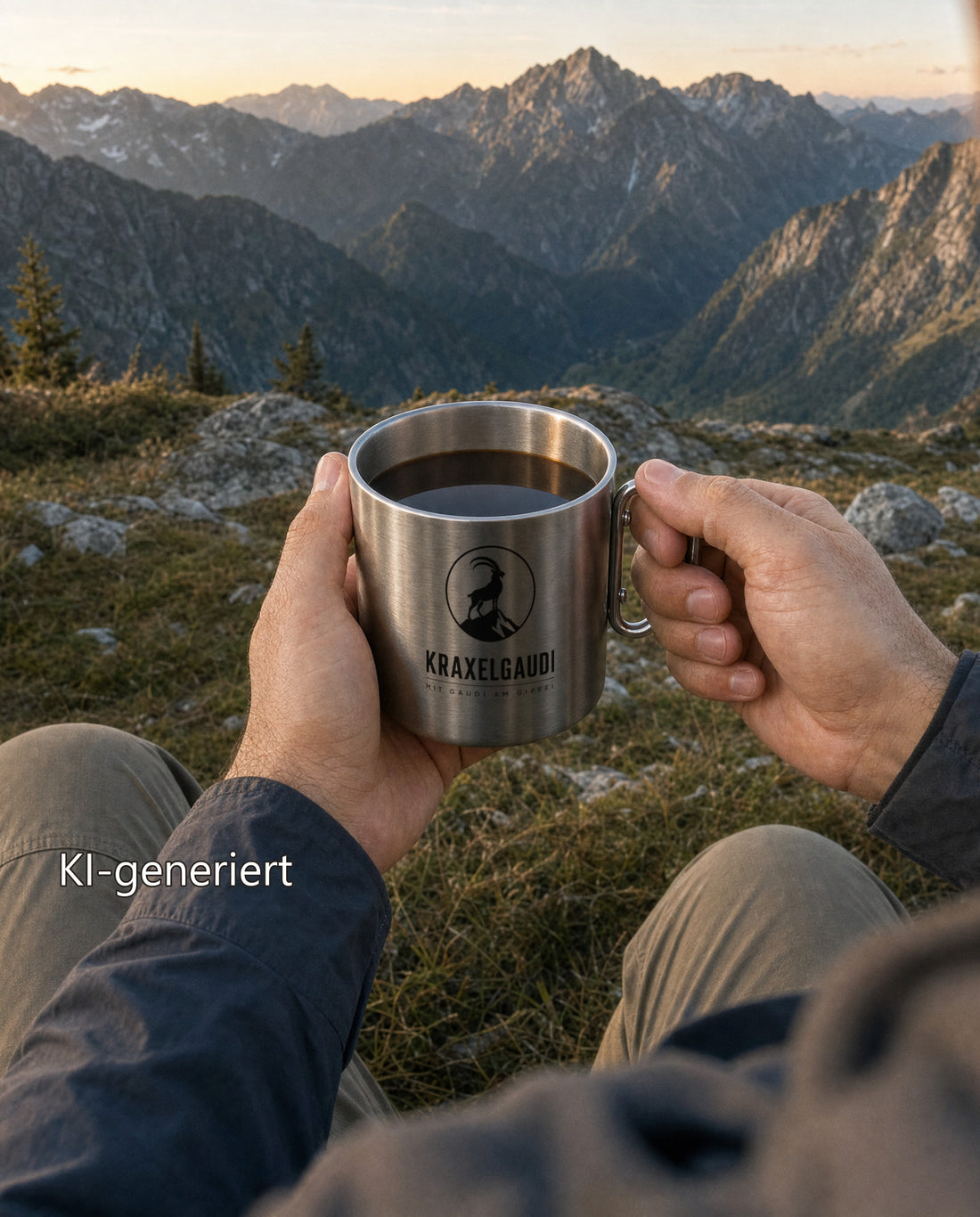 Edelstahlbecher mit Karabiner und Kraxelgaudi Logo in der Hand vor Bergpanorama