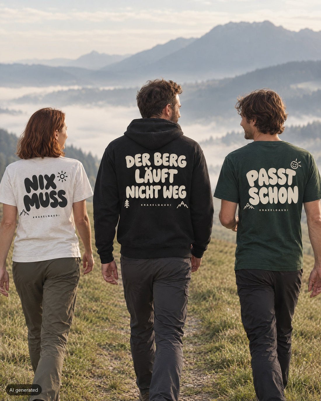 Drei Freunde wandern in Kraxelgaudi Streetwear mit Rückendruck, KI-generiert