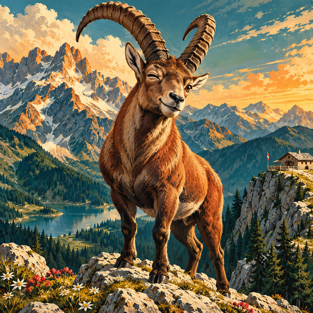 Augenzwinkernder Steinbock auf einem steilen Felsgrat vor einer alpinen Bergkulisse.