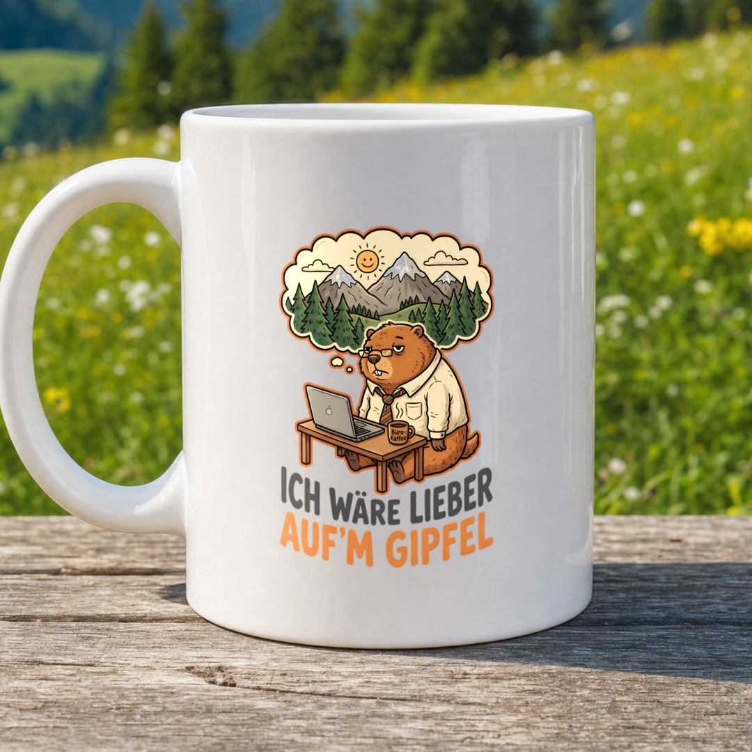 Tasse Ich wäre lieber auf'm Gipfel von Kraxelgaudi, weiße Keramiktasse beidseitig bedruckt