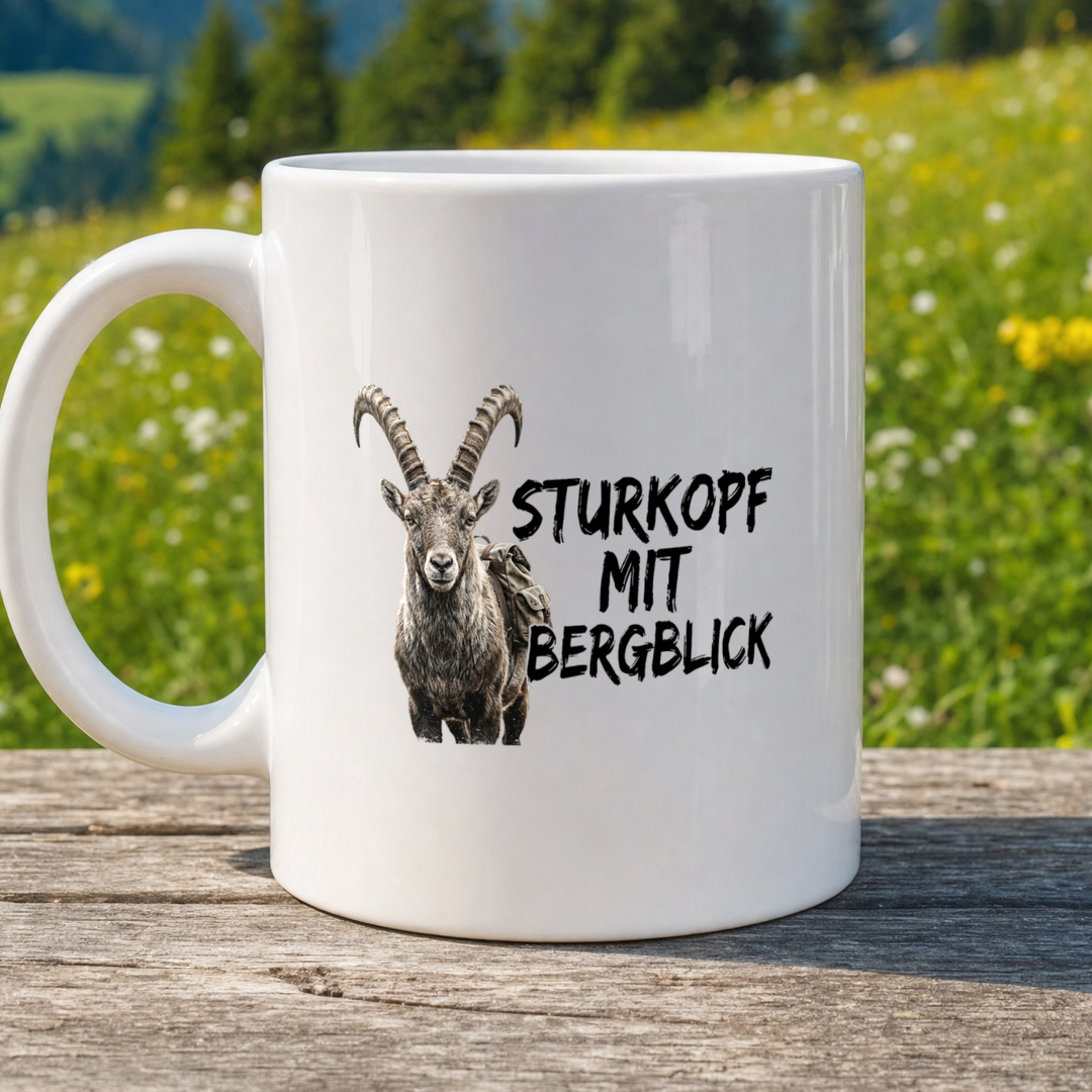 Tasse Sturkopf mit Bergblick von Kraxelgaudi, weiße Keramiktasse beidseitig bedruckt