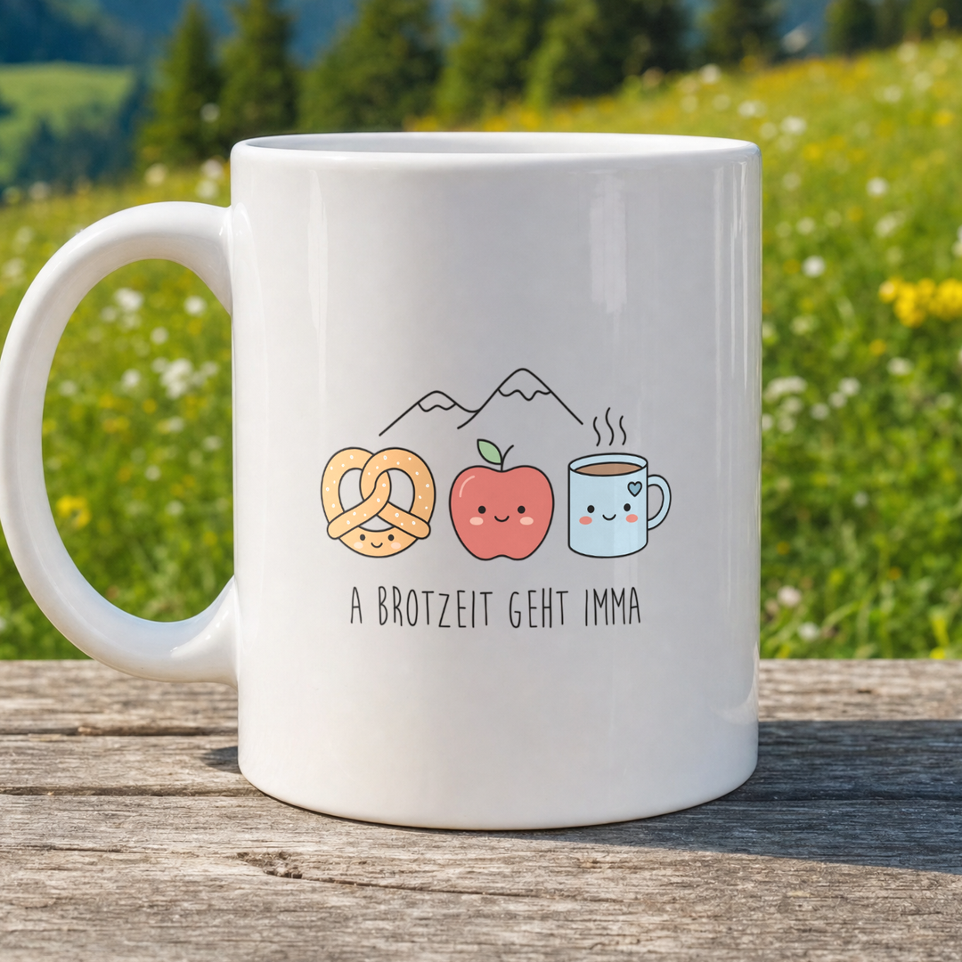 Tasse A Brotzeit geht imma von Kraxelgaudi, weiße Keramiktasse beidseitig bedruckt