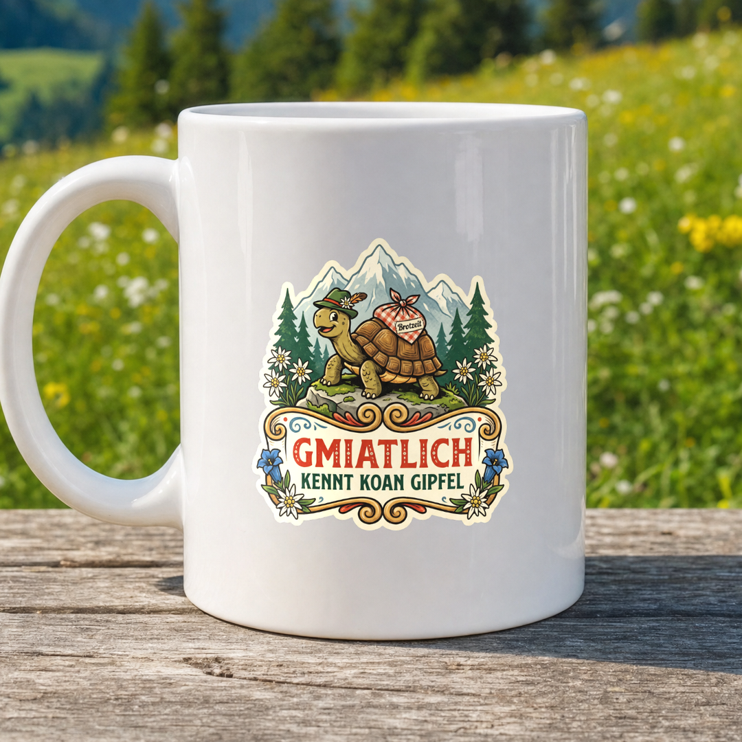 Tasse Gmiatlich kennt koan Gipfel von Kraxelgaudi, weiße Keramiktasse beidseitig bedruckt