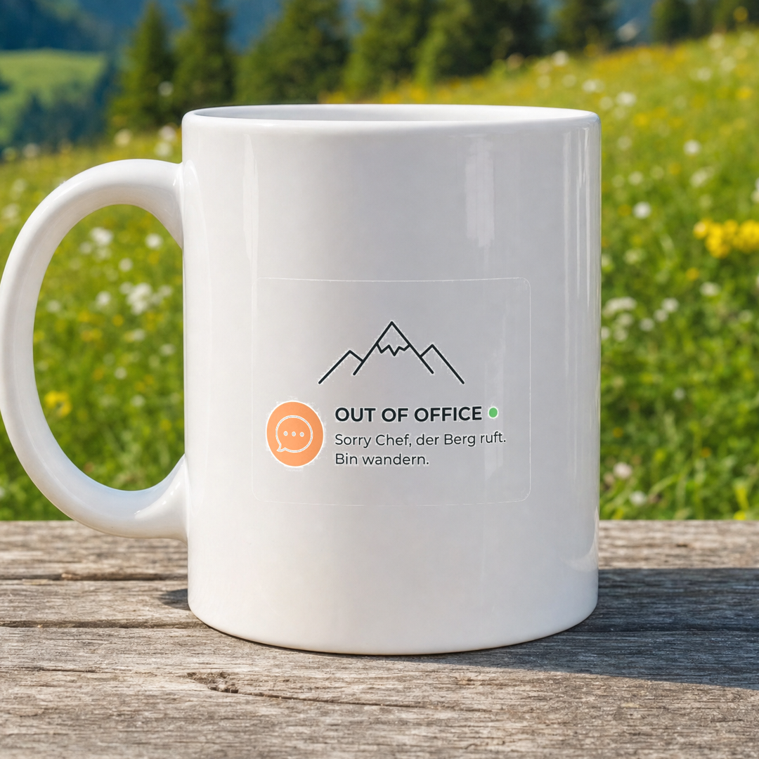 Tasse Out of Office von Kraxelgaudi, weiße Keramiktasse beidseitig bedruckt