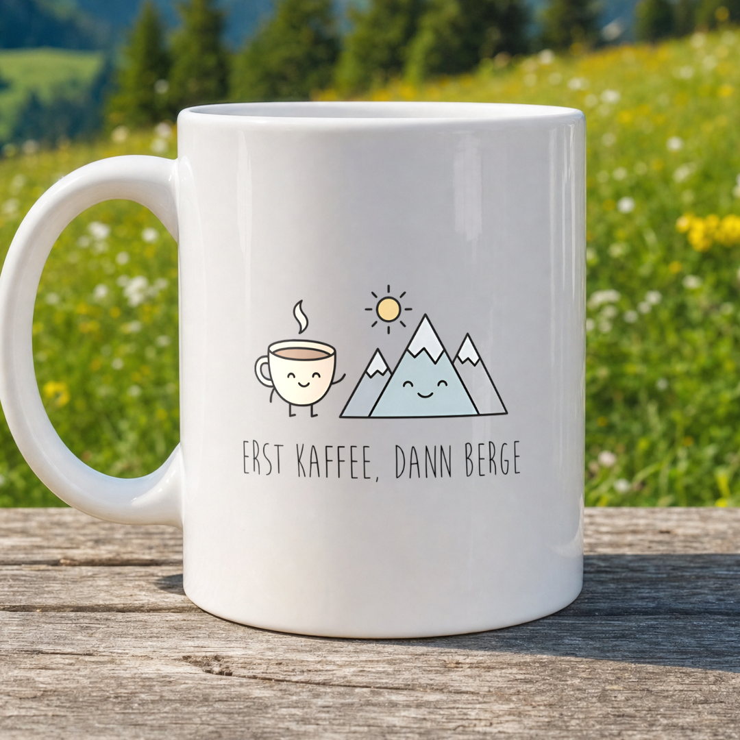 Tasse Erst Kaffee, dann Berge von Kraxelgaudi, weiße Keramiktasse beidseitig bedruckt
