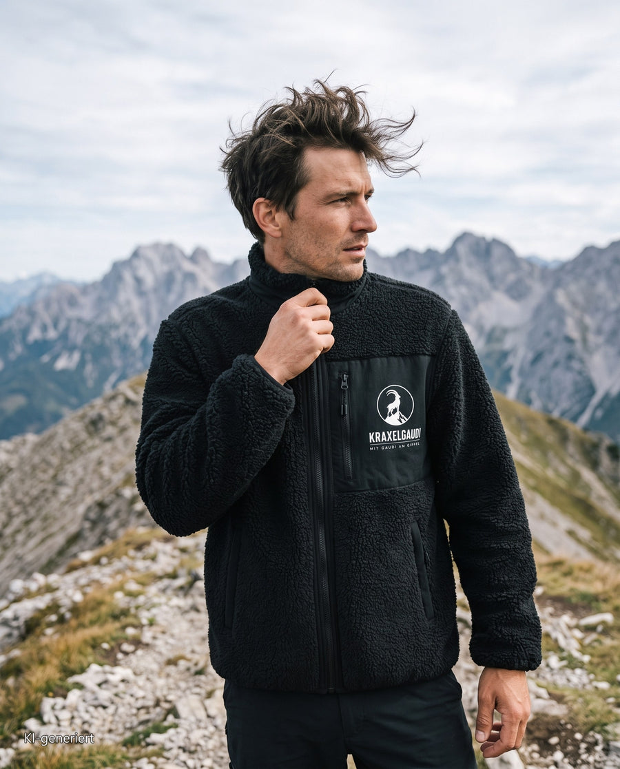 Wanderer in der schwarzen Kraxelgaudi Sherpajacke auf einem Bergkamm in Tirol