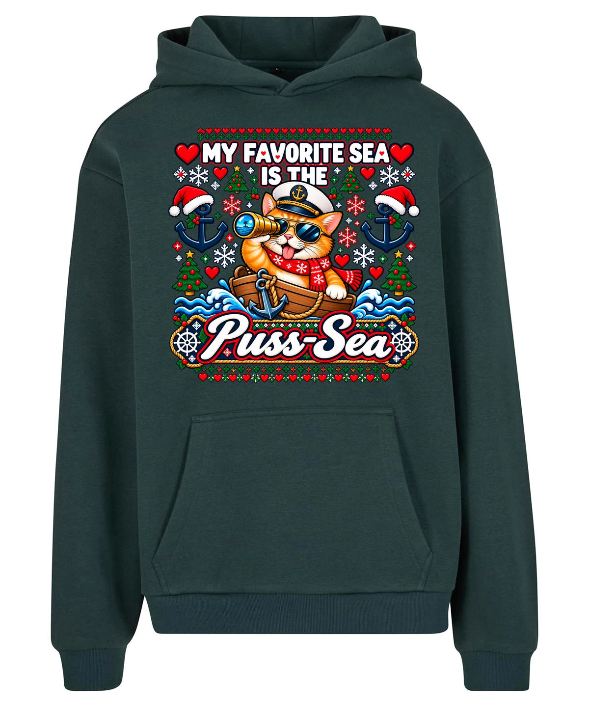 Pussy-Sea Hoodie in Bottle Green – Vorderansicht mit großem Weihnachtsmotiv