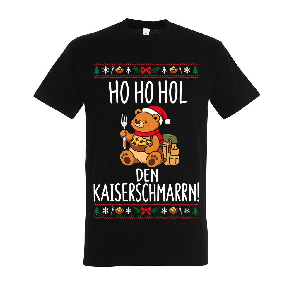 Ho Ho Hol T-Shirt Unisex in Deep Black – Vorderansicht mit mittlerer Brustplatzierung des Kaiserbär-Motivs