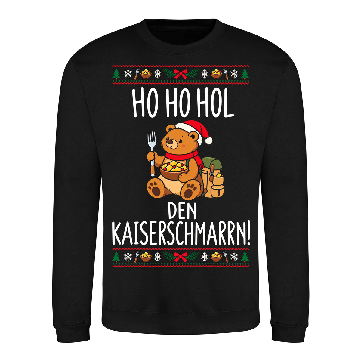 Ho Ho Hol Sweater in Deep Black – Vorderansicht mit Kaiserbär-Weihnachtsmotiv
