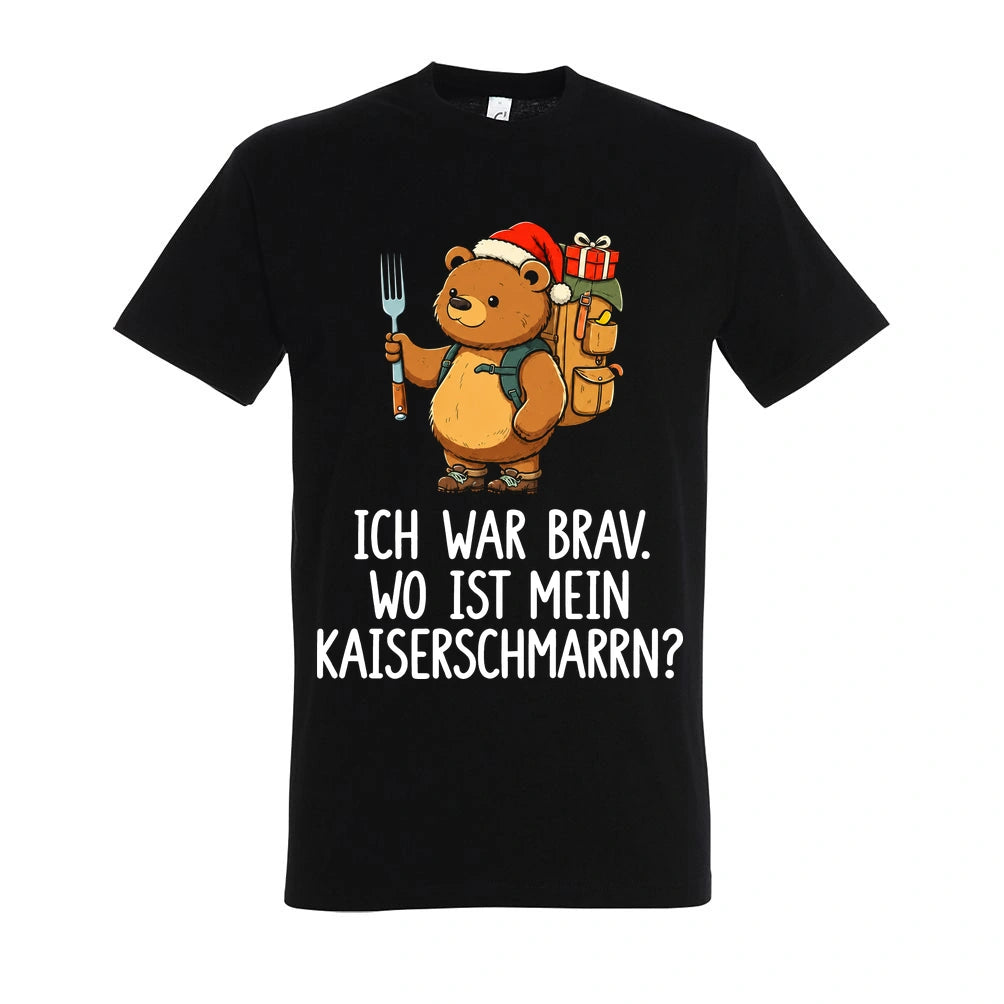 Ich war brav T-Shirt Unisex in Deep Black – Vorderansicht mit Kaiserbär-Weihnachtsmotiv