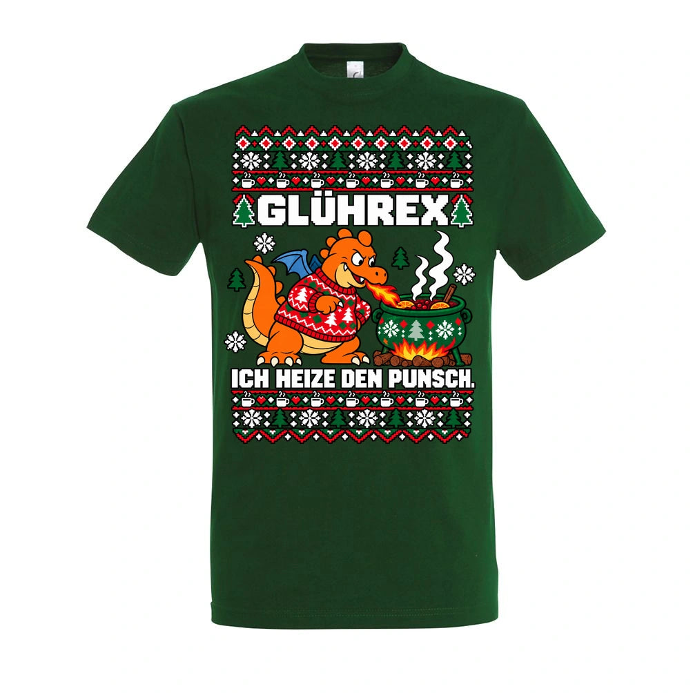 Glührex – T-Shirt Unisex in Bottle Green – Vorderansicht, großer Frontdruck