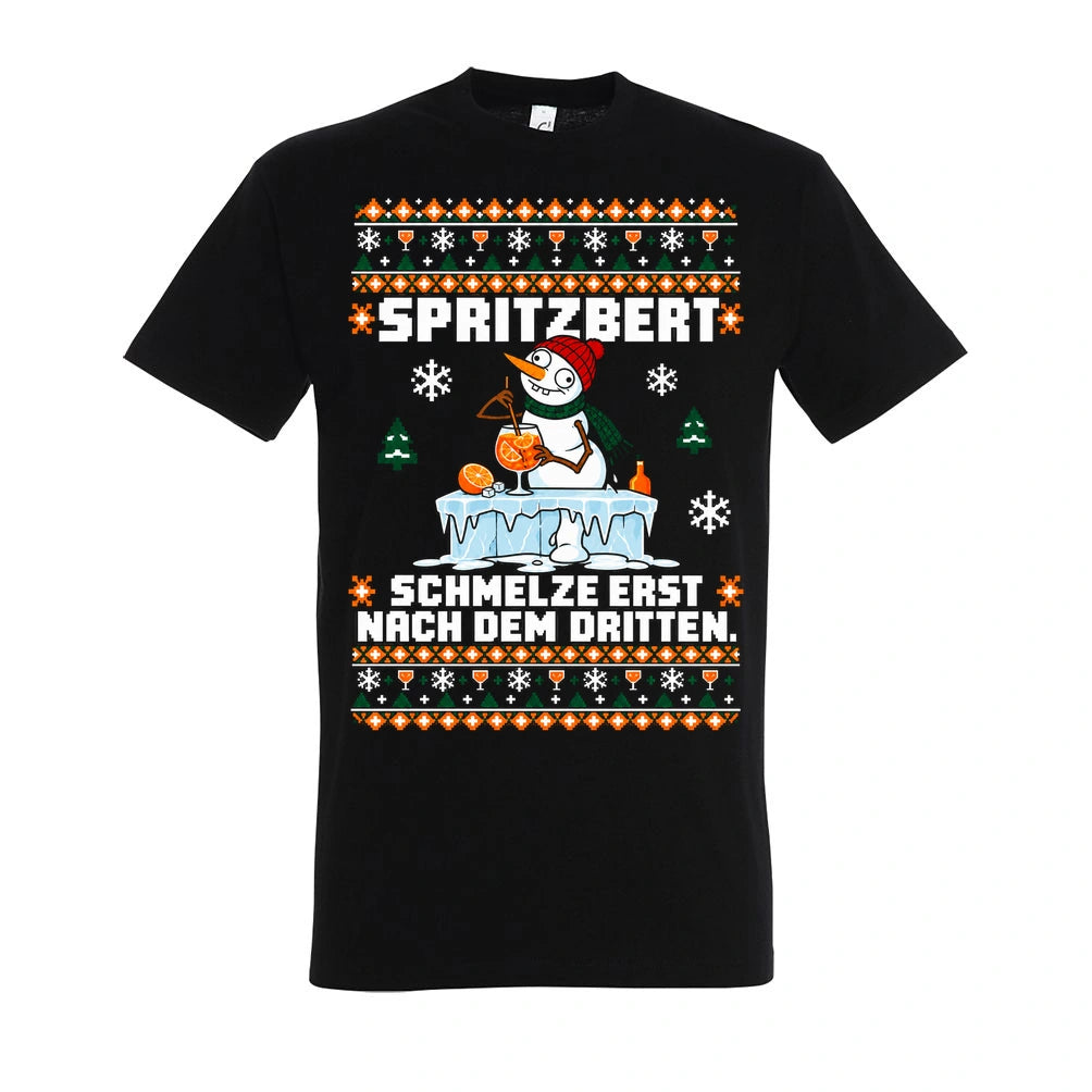 Spritzbert – T-Shirt Unisex in Deep Black – Vorderansicht, großer Frontdruck