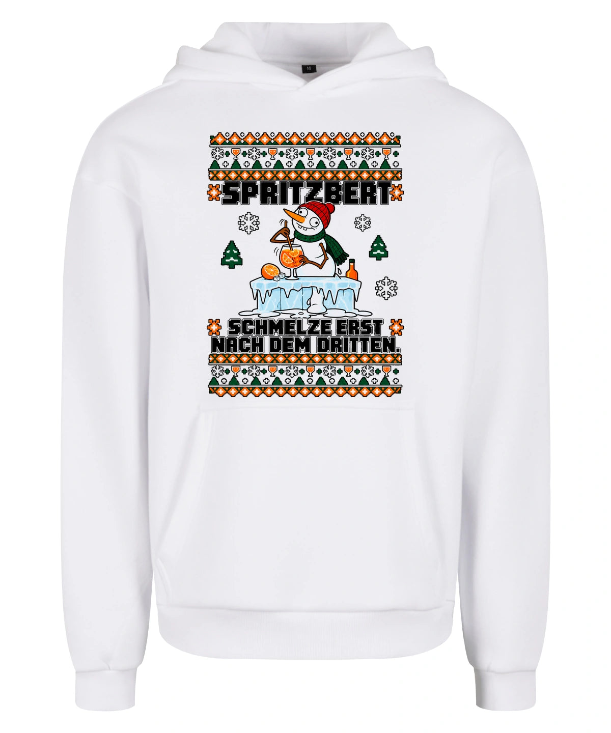 Spritzbert – Christmas Hoodie Unisex in White – Vorderansicht, großer Frontdruck