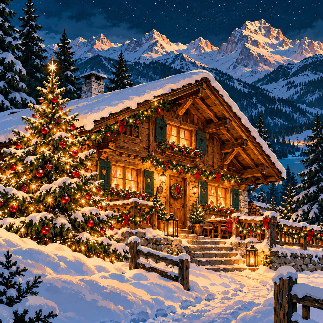 Verschneite Almhütte mit warm beleuchteten Fenstern und geschmücktem Weihnachtsbaum.