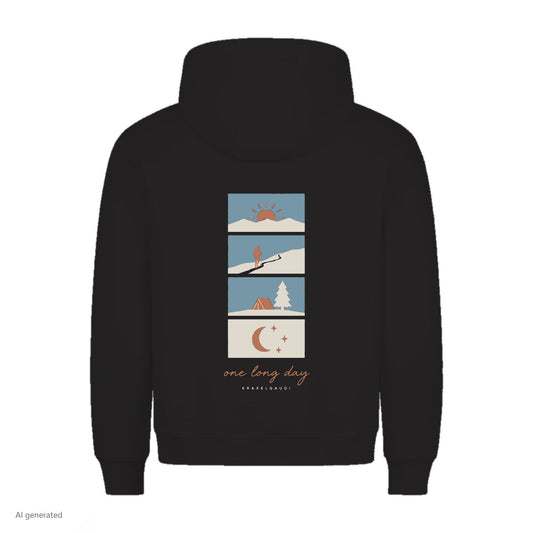 One Long Day Hoodie in Schwarz, Rückenansicht mit Rückendruck, KI-generiert