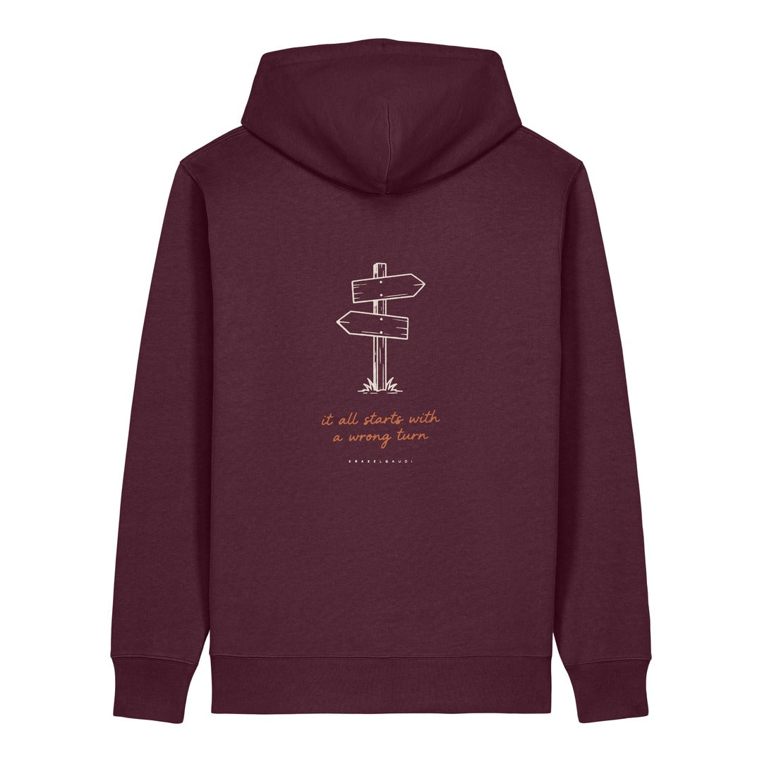 It All Starts With a Wrong Turn Hoodie Burgunder, Rückendruck