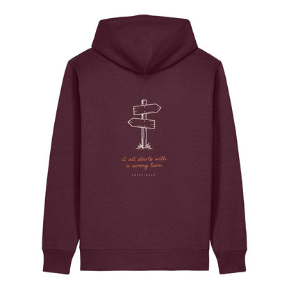 It All Starts With a Wrong Turn Hoodie Burgunder, Rückendruck