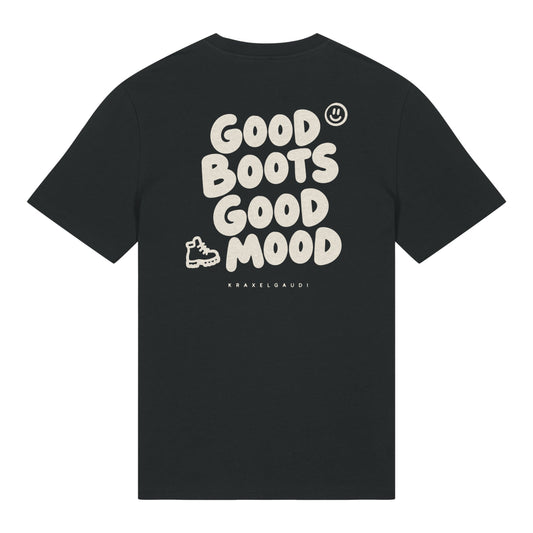 Good Boots Good Mood T-Shirt in Schwarz, Rückenansicht mit Rückendruck