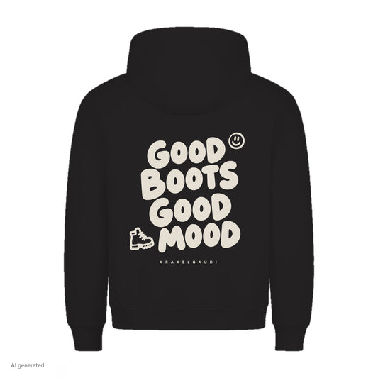 Good Boots Good Mood Hoodie in Schwarz, Rückenansicht mit Rückendruck, KI-generiert