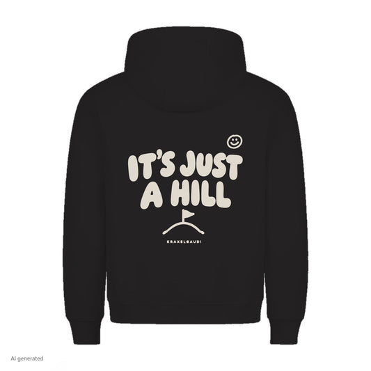 It's Just a Hill Hoodie in Schwarz, Rückenansicht mit Rückendruck, KI-generiert