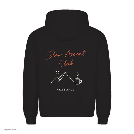 Slow Ascent Club Hoodie in Schwarz, Rückenansicht mit Rückendruck, KI-generiert