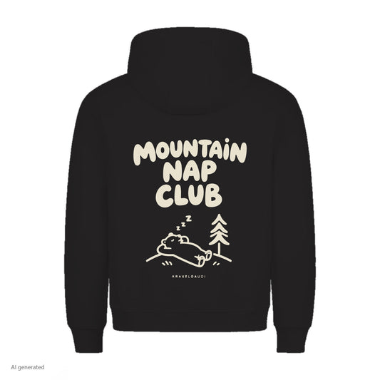 Mountain Nap Club Hoodie in Schwarz, Rückenansicht mit Rückendruck, KI-generiert