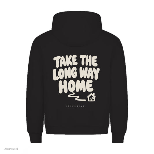 Take the Long Way Home Hoodie in Schwarz, Rückenansicht mit Rückendruck, KI-generiert