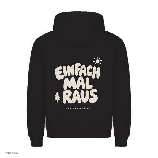 Einfach mal raus Hoodie in Schwarz, Rückenansicht mit Rückendruck, KI-generiert