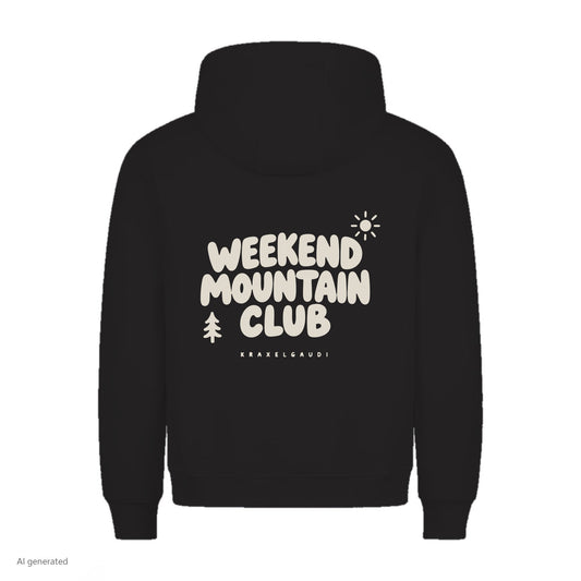 Weekend Mountain Club Hoodie in Schwarz, Rückenansicht mit Rückendruck, KI-generiert