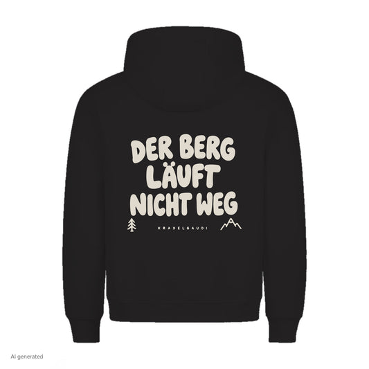 Der Berg läuft nicht weg Hoodie in Schwarz, Rückenansicht mit Rückendruck, KI-generiert