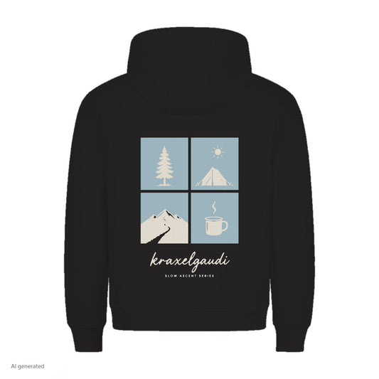 Slow Ascent Postcard Hoodie in Schwarz, Rückenansicht mit Rückendruck, KI-generiert