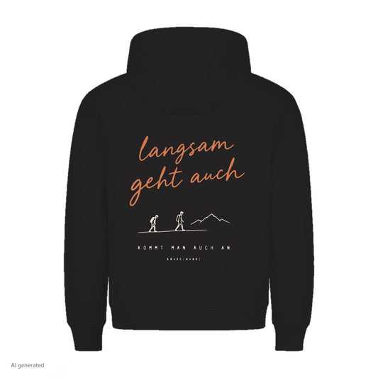 Langsam geht auch Hoodie in Schwarz, Rückenansicht mit Rückendruck, KI-generiert