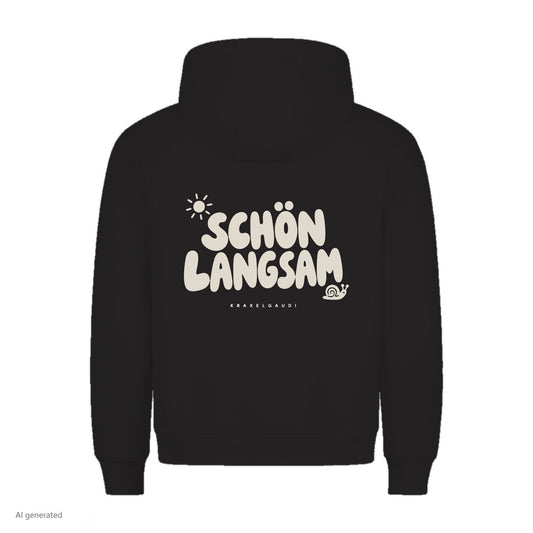 Schön langsam Hoodie in Schwarz, Rückenansicht mit Rückendruck, KI-generiert