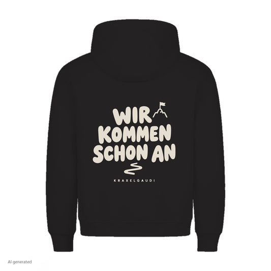 Wir kommen schon an Hoodie in Schwarz, Rückenansicht mit Rückendruck, KI-generiert