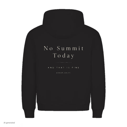 No Summit Today Hoodie in Schwarz, Rückenansicht mit Rückendruck, KI-generiert