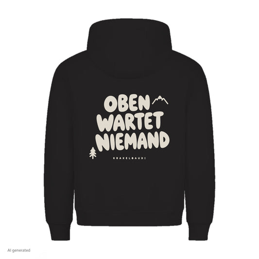 Oben wartet niemand Hoodie in Schwarz, Rückenansicht mit Rückendruck, KI-generiert
