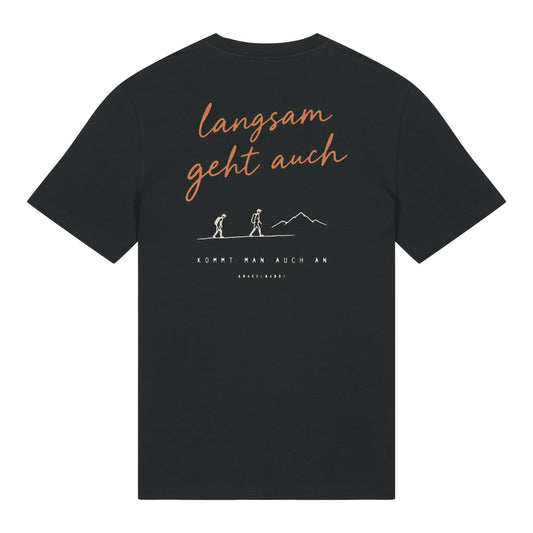 Langsam geht auch T-Shirt in Schwarz, Rückenansicht mit Rückendruck