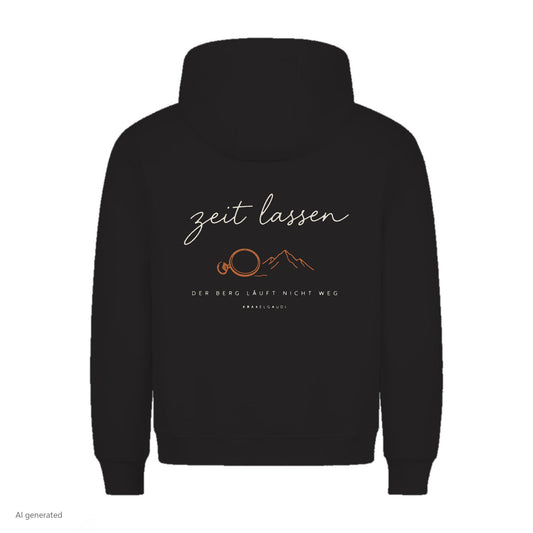 Zeit lassen Hoodie in Schwarz, Rückenansicht mit Rückendruck, KI-generiert