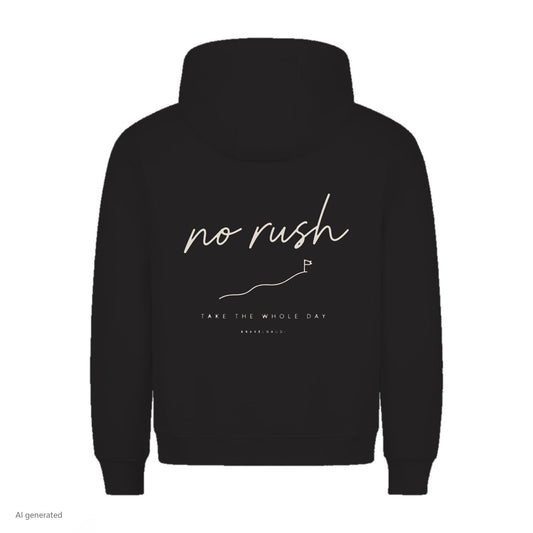 No Rush Hoodie in Schwarz, Rückenansicht mit Rückendruck, KI-generiert