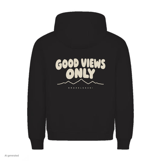 Good Views Only Hoodie in Schwarz, Rückenansicht mit Rückendruck, KI-generiert