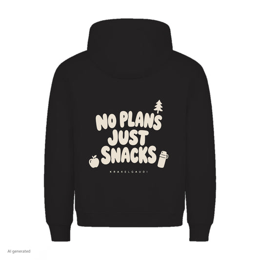 No Plans Just Snacks Hoodie in Schwarz, Rückenansicht mit Rückendruck, KI-generiert