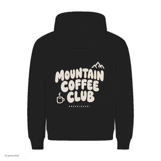 Mountain Coffee Club Hoodie in Schwarz, Rückenansicht mit Rückendruck, KI-generiert