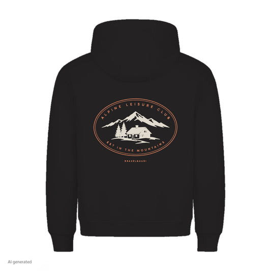 Alpine Leisure Club Hoodie in Schwarz, Rückenansicht mit Rückendruck, KI-generiert