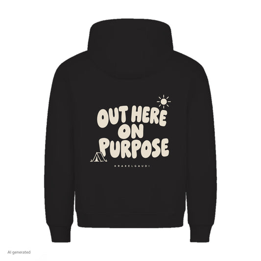 Out Here on Purpose Hoodie in Schwarz, Rückenansicht mit Rückendruck, KI-generiert