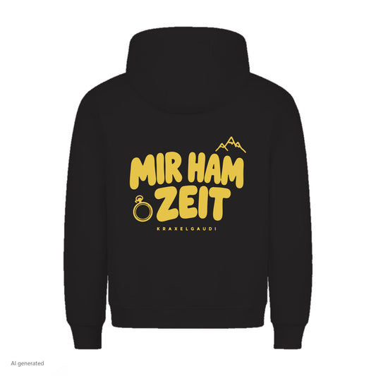 Mir ham Zeit Hoodie in Schwarz, Rückenansicht mit Rückendruck, KI-generiert