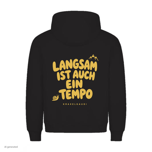 Langsam ist auch ein Tempo Hoodie in Schwarz, Rückenansicht mit Rückendruck, KI-generiert