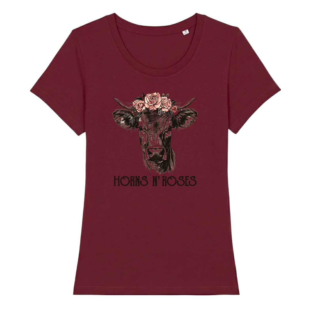 Horns N´Roses Frauen Shirt mit Rock-Berg-Motiv, Print Nahaufnahme