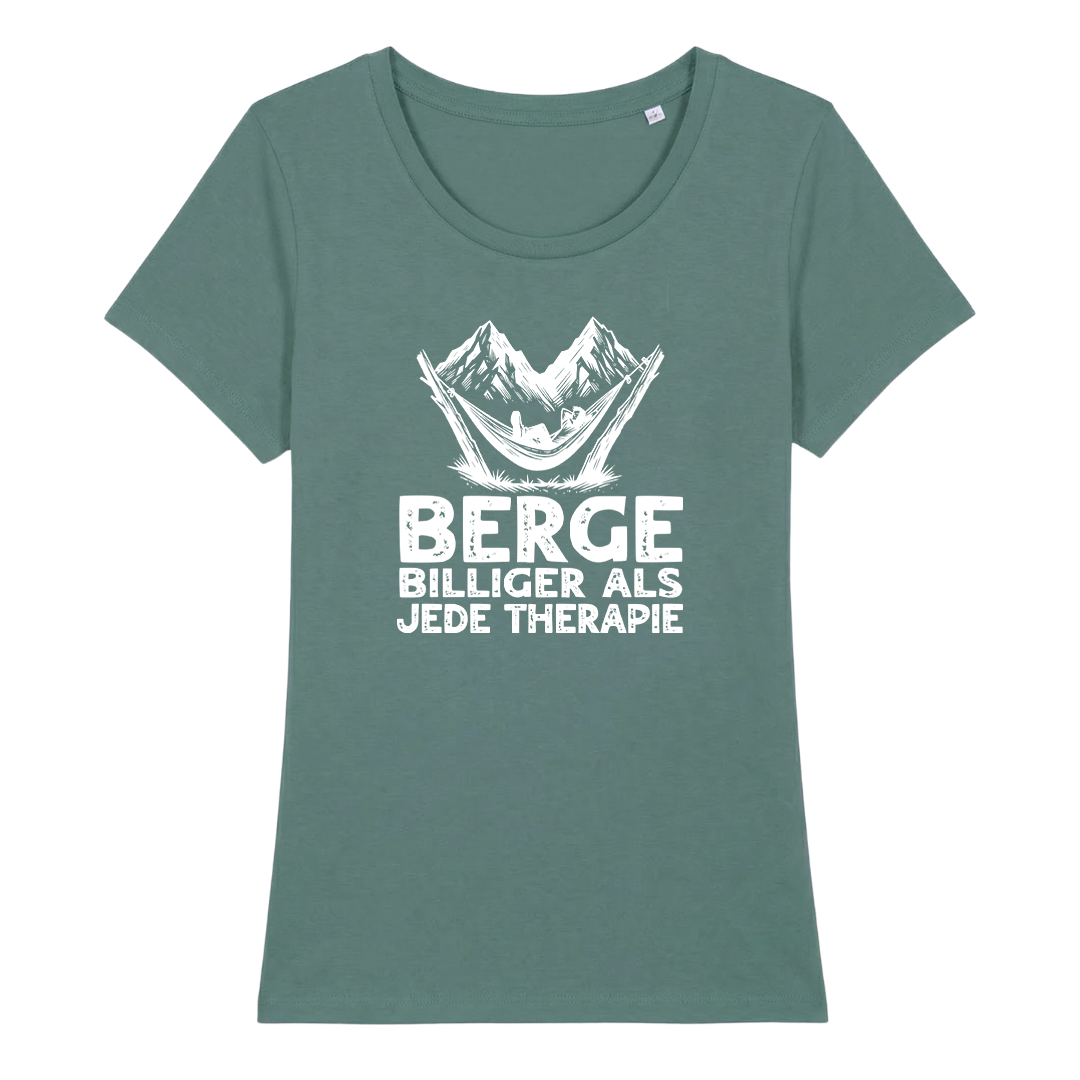 Bergtherapie Frauen Shirt mit Wander-Spruch, Detailansicht
