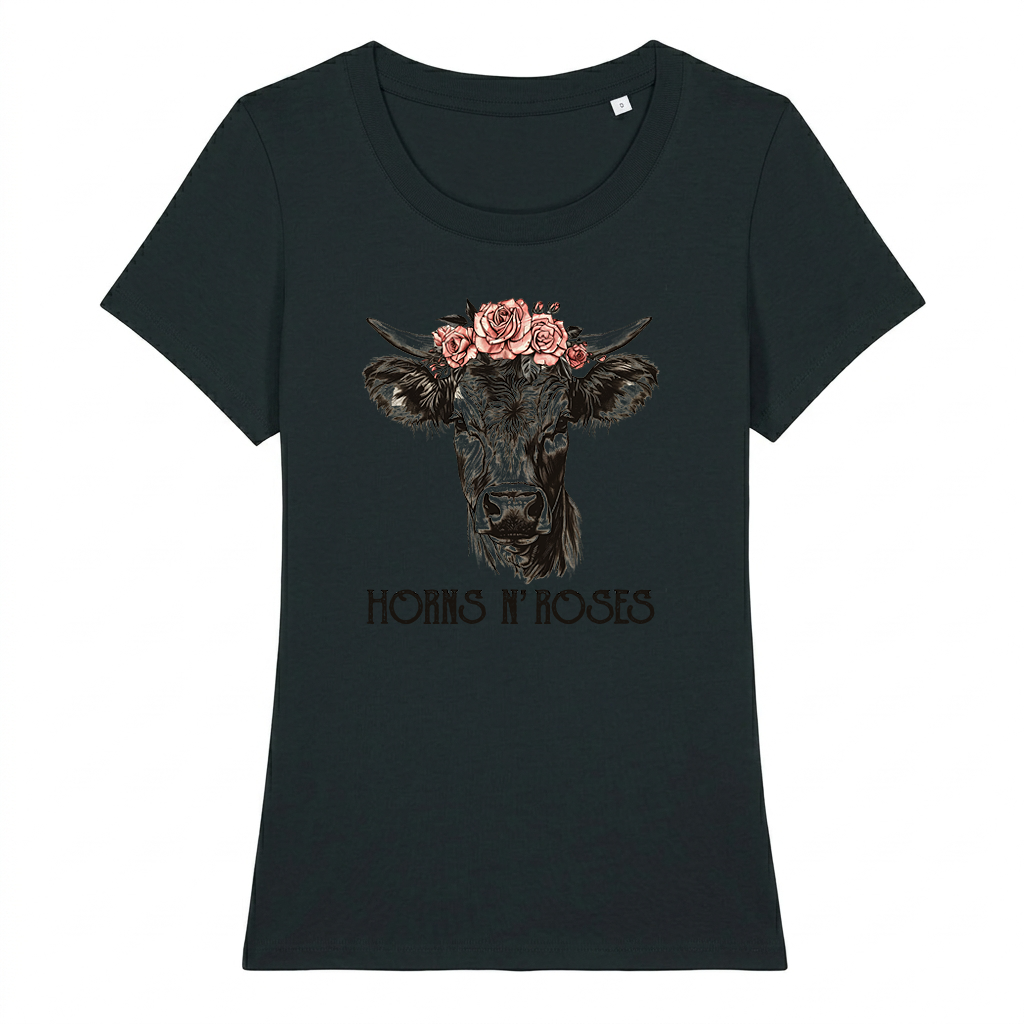 Horns N´Roses Frauen Shirt mit Rock-Berg-Motiv, Frontansicht